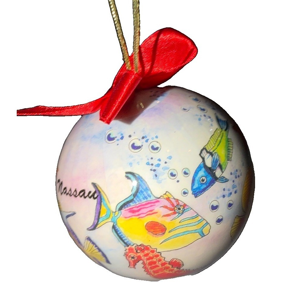 Nassau Bahamas Tropical Colorful Fish Christmas Round Ornament Red Bow